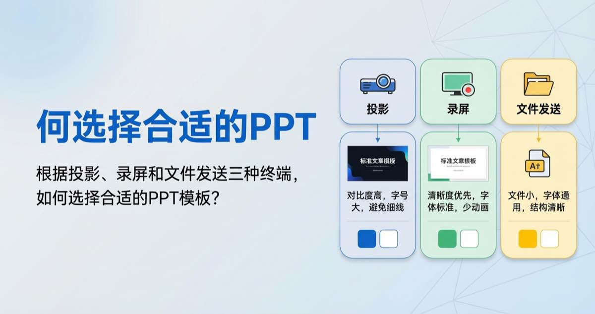 根据投影、录屏和文件发送三种终端,如何选择合适的PPT模板? 根据投影、录屏和文件发送三种终端,如何选择合适的PPT模板?